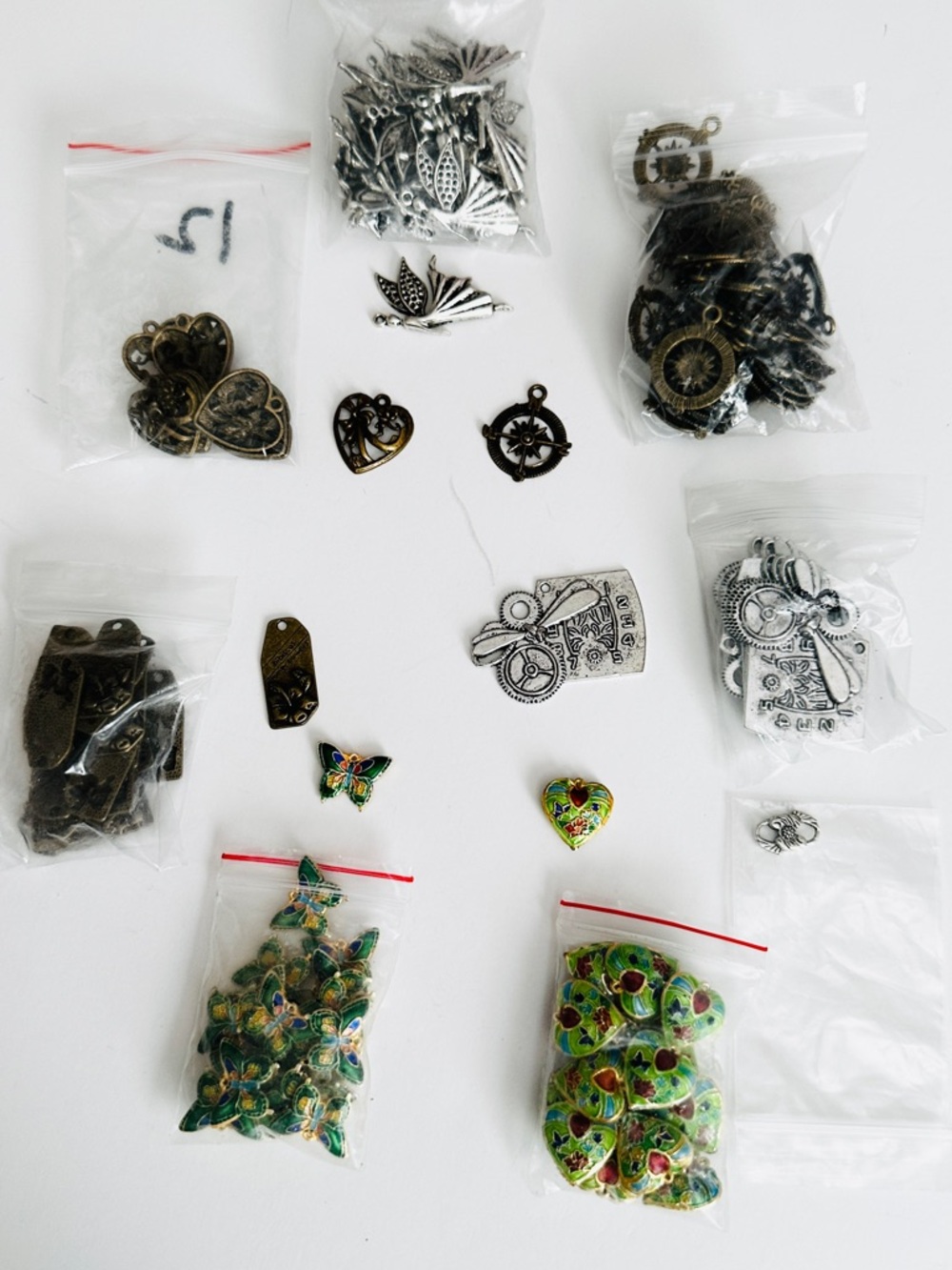 Lot #11 Mixed Metal and Enamel Jewelry Charms Pack - Butterfly & Heart Accents